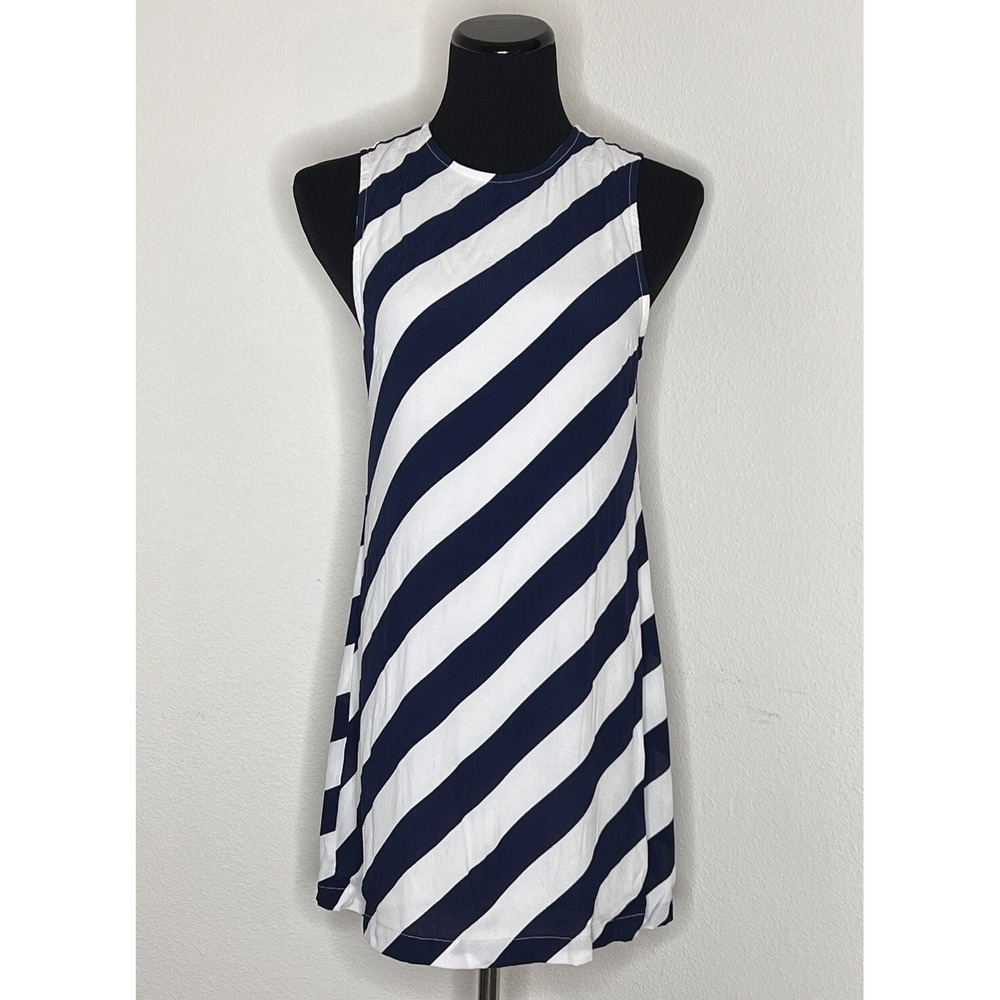 Lusana Nico Crepe Mini Dress in Nautical Stripe Navy Blue White Small‎